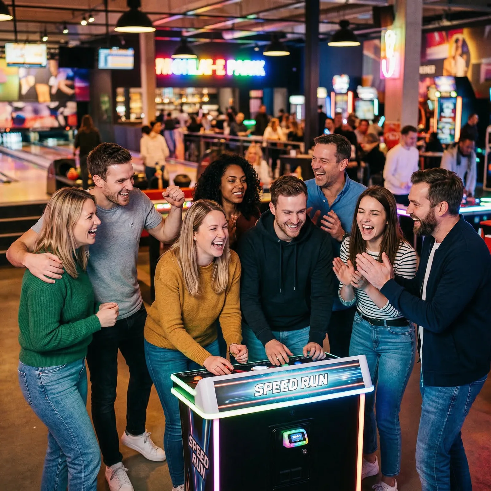 Gruppe am Arcade-Automaten