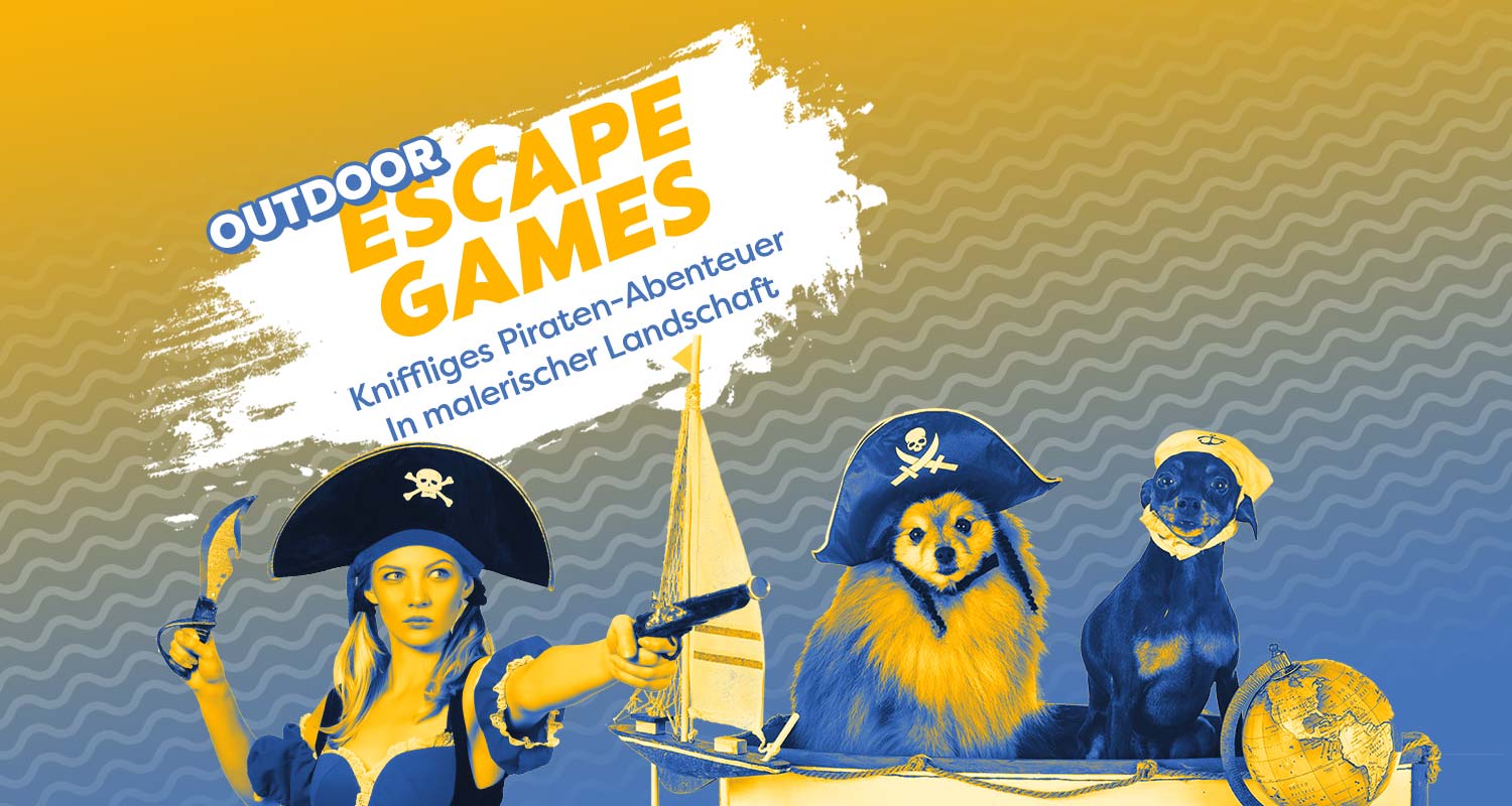 Outdoor Escape Games Headerbild mit Piraten Hunden, Escape Fuchs und Frau mit Pistole